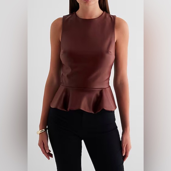 Express Tops - SOLD EXPRESS Body Contour Brown Faux Leather Crew Neck Peplum Tank Brown XS